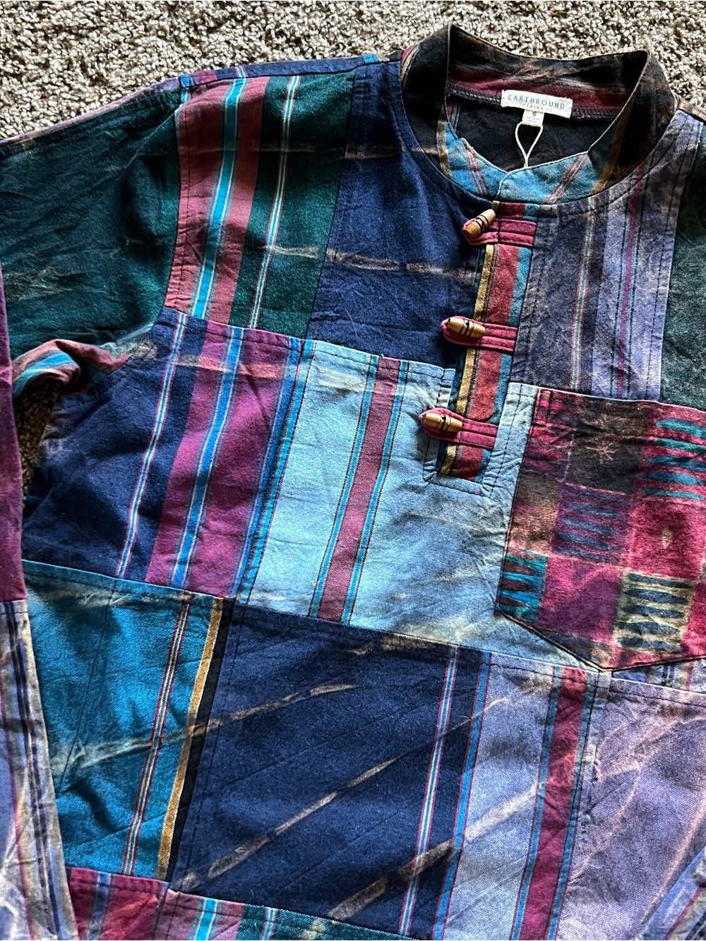 EARTHBOUND Patchwork Stripe Henley Shirt - Blue, Green, Purple - Picture 2 of 8